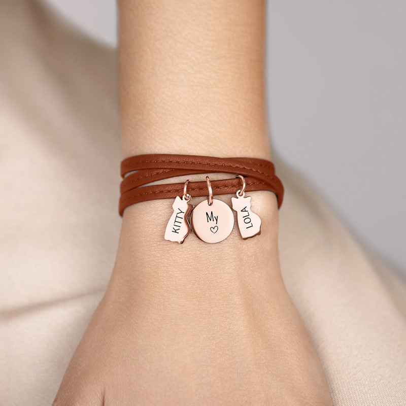 Personalised Multi-Cats Bracelet in Brown Leather - Rosegold - 61