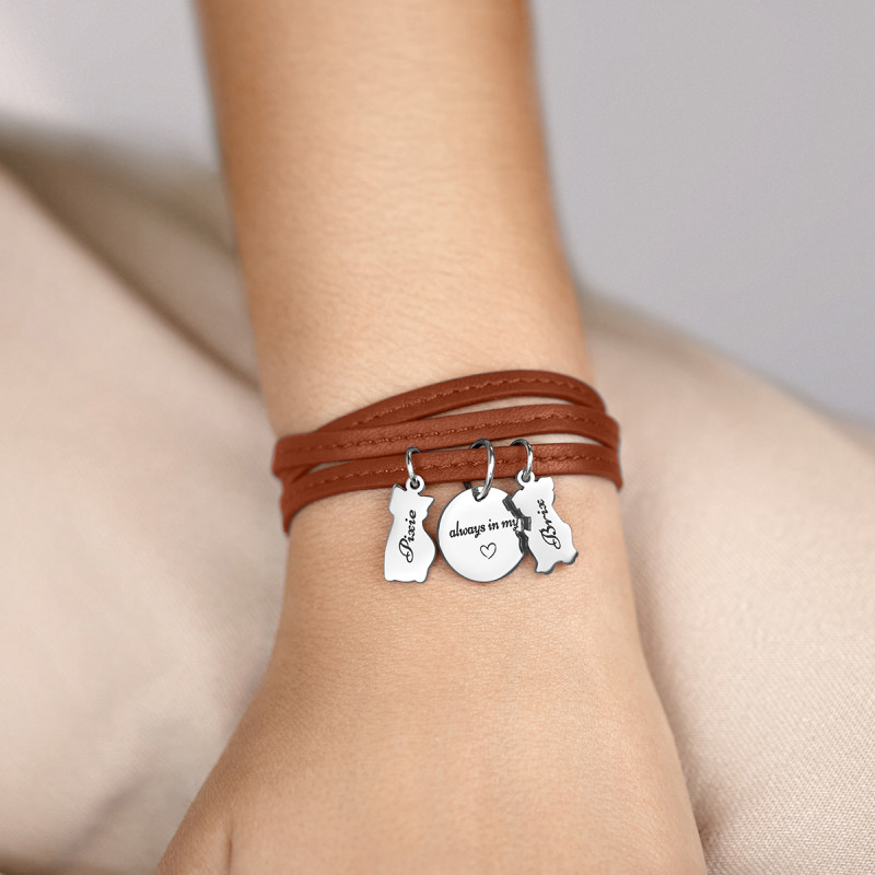 Personalised Dog and Cat Bracelet in Brown Leather