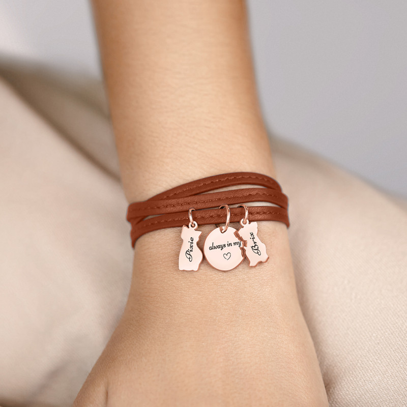 Personalised Dog and Cat Bracelet in Brown Leather - Rosegold - 61