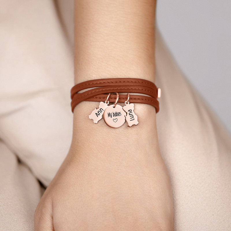 Personalised Multi-Dogs  Bracelet in Brown Leather - Rosegold - 61