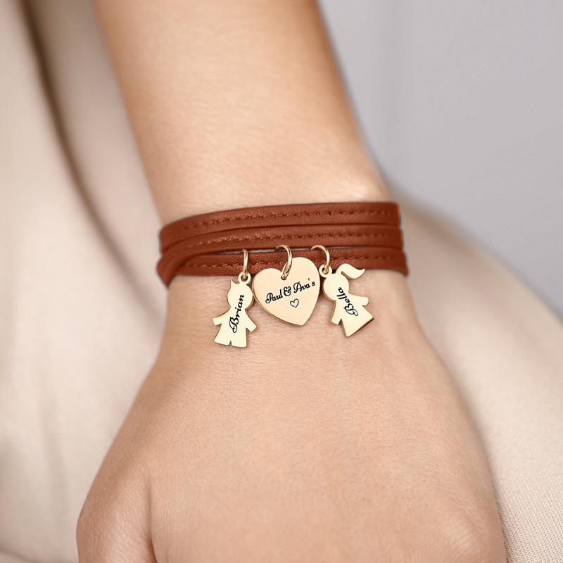 Personalised Son & Daughter Bracelet in Brown Leather - Gold - 62