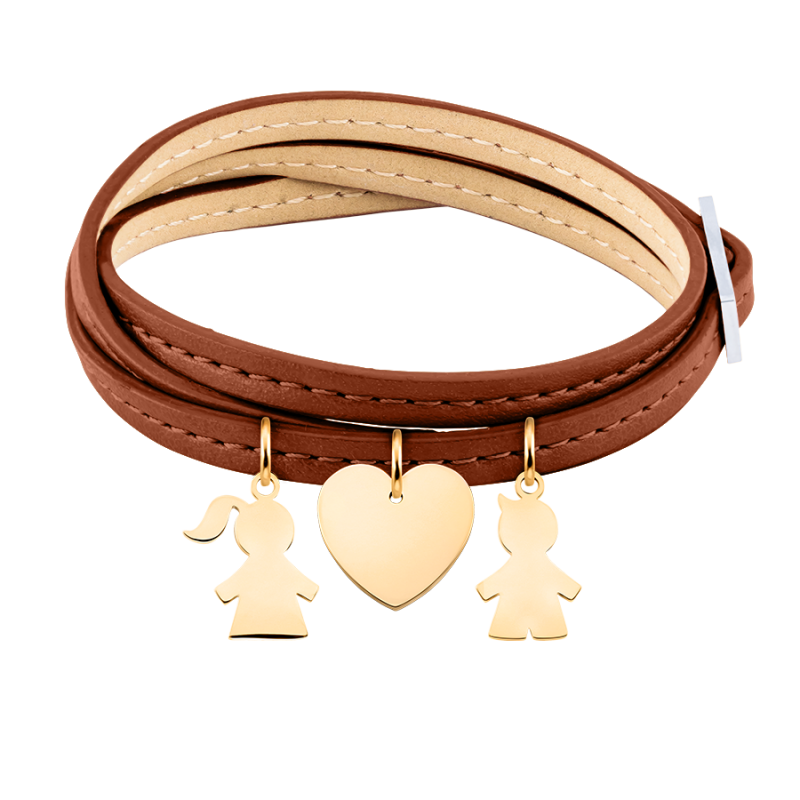 Personalised Son & Daughter Bracelet in Brown Leather - Gold - 62