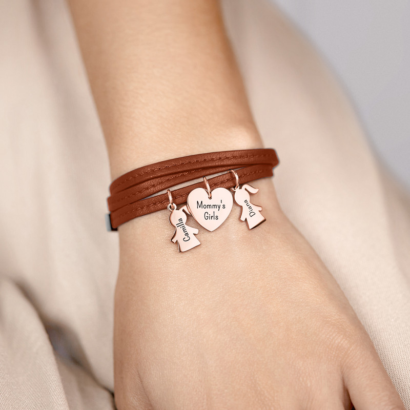 Personalised Multi-Daughters Bracelet in Brown Leather - Rosegold - 61