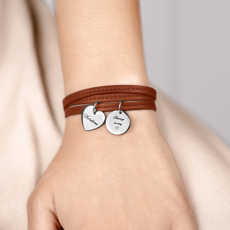 Personalised Heart & Circle Bracelet in Brown Leather