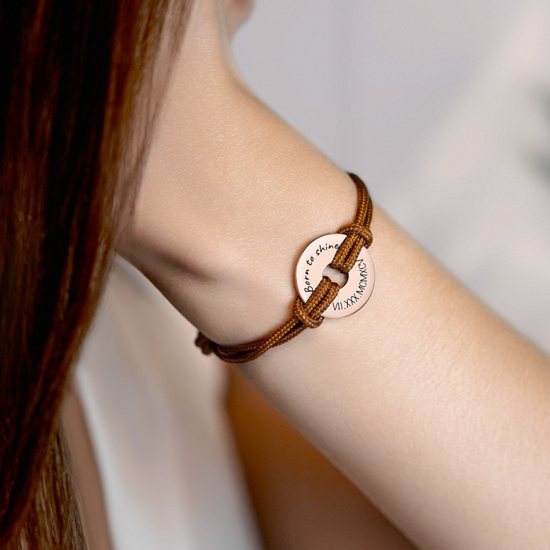 Personalised Disc with Cord Bracelet in Brown - Rosegold - 61