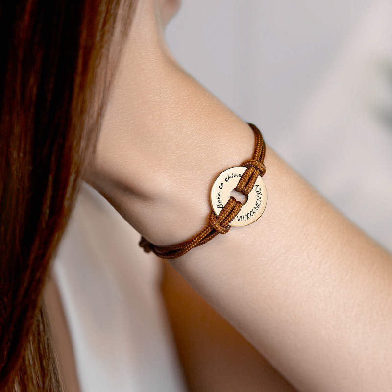 Personalised Disc with Cord Bracelet in Brown - Gold - 62