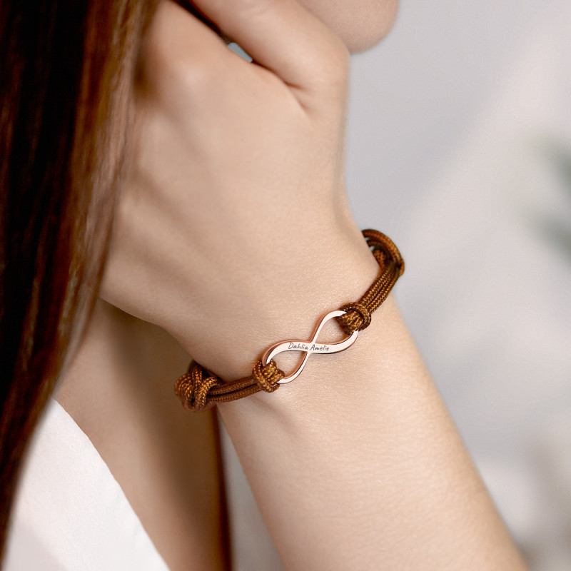 Personalised Infinity Sign with Cord Bracelet in Brown - Rosegold - 61